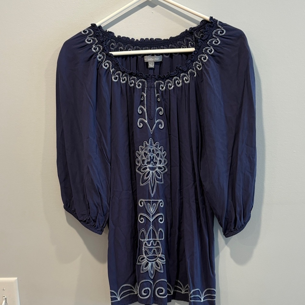 NY Collection Navy Blouse with Embroidery
